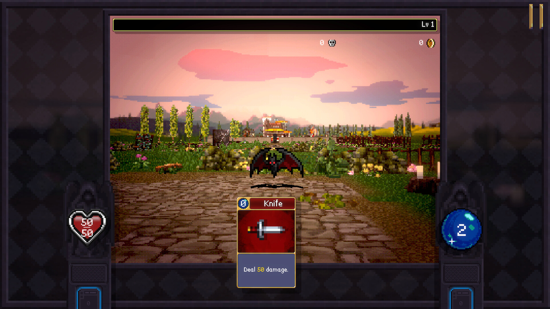 Zrzut ekranu z Vampire Crawlers: karta Knife w starciu z nietoperzem na ścieżce w ogrodzie