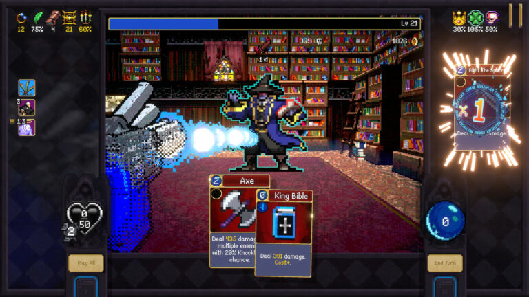 Zrzut ekranu z Vampire Crawlers: walka kartami Axe i King Bible w bibliotece, licznik mnożnika combo