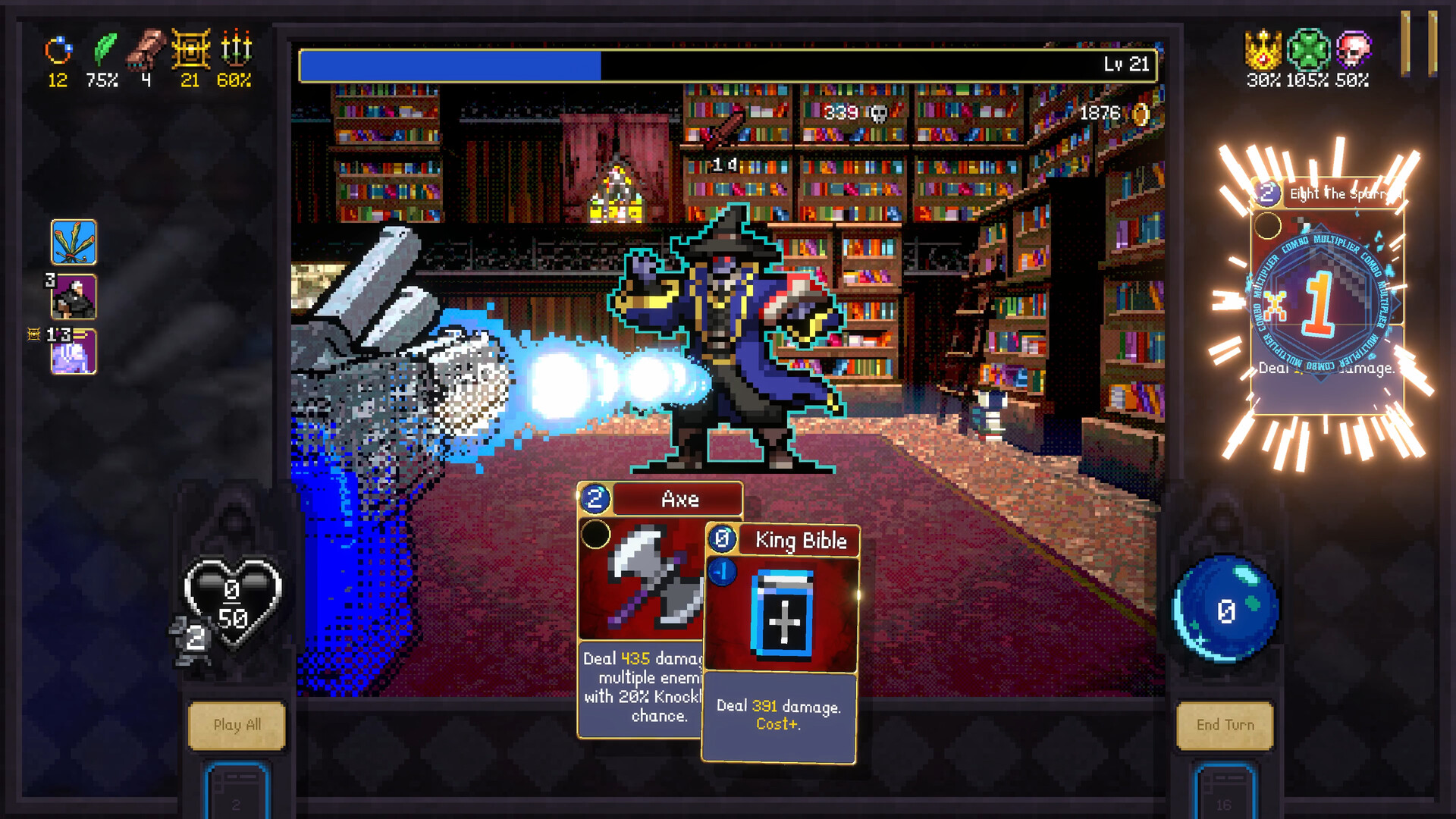 Zrzut ekranu z Vampire Crawlers: walka kartami Axe i King Bible w bibliotece, licznik mnożnika combo